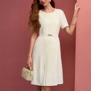 Cream Pleated Front Office Dress with Gold Buckle Belt — Size M (NWOT)